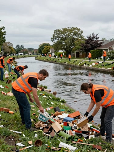 Wide environmental shot of volunteers clearing debris from an urban canal, crisp overcast daylight, safety orange vests, 35mm documentary photography style