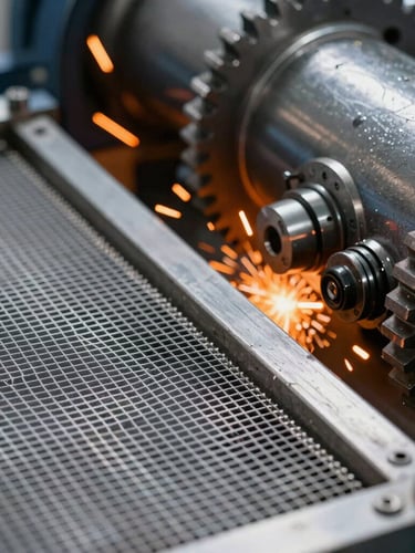 Close-up of industrial filtration mesh and heavy-duty mechanical gears, cool metallic tones with dramatic orange sparks in the background, sharp focus, 35mm lens