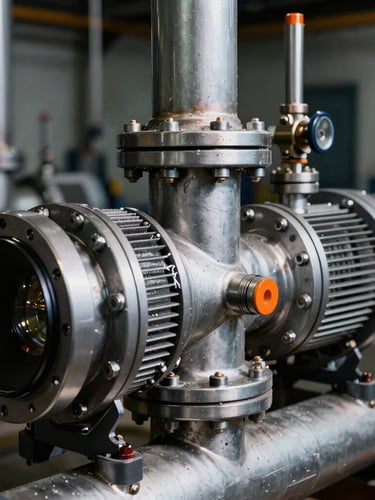 A high-pressure industrial pump manifold, clean metallic surfaces, sharp technical details, high-contrast dramatic lighting, 35mm lens