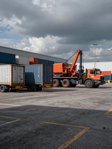 Wide-angle high-contrast industrial logistics terminal in Almaty under cool overcast sky, transport containers and heavy machinery, 35mm lens