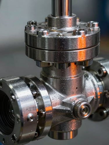 Macro close-up of a heavy-duty API-certified drilling valve, metallic reflections with sharp orange highlights, high-contrast industrial lighting, 35mm lens