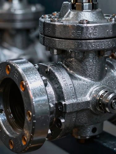 Macro close-up of heavy steel industrial valves with certified serial numbers stamped into the metal, sharp metallic reflections, dramatic high-contrast lighting, cool tones
