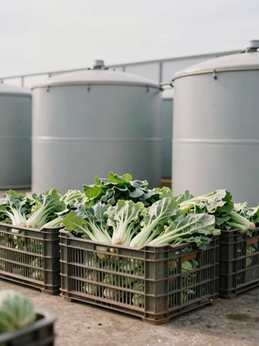 A regional community cold-storage facility with crates of fresh green vegetables, soft natural daylight, documentary photography.
