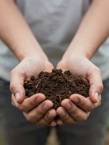 Hands holding rich, dark regenerative farm soil under soft overcast daylight, documentary editorial photography style