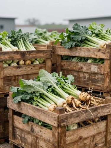 documentary editorial photography of fresh green vegetables and root crops in rustic wooden crates, stacked outside a community-run cold storage facility, soft overcast morning light, muted earth tones, 35mm lens