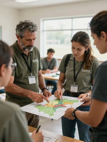 environmental documentary editorial photography of a collaborative workshop inside a bright community center, a farmer and a local organizer reviewing a regional distribution map, soft natural daylight, authentic textures, 35mm lens
