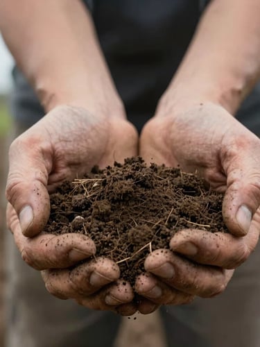 Close-up of rich regenerative farm soil held in weathered hands, soft overcast morning light, authentic textures, documentary editorial style, 35mm lens