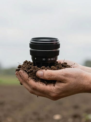 Regenerative farm soil held in soil-stained hands under overcast natural daylight, documentary editorial style, 35mm lens