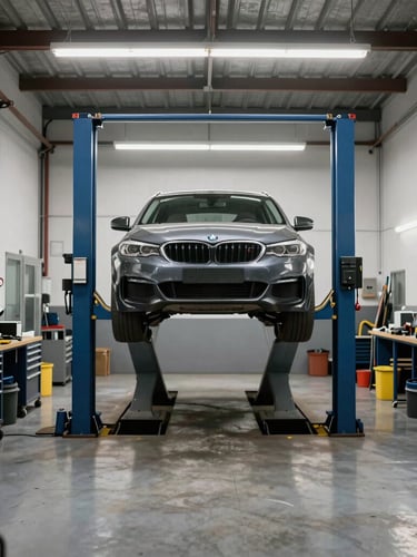 Straight-on eye-level shot of a clean, modern workshop bay with a car on a hydraulic lift, bright LED lighting, organized tool racks, no people.
