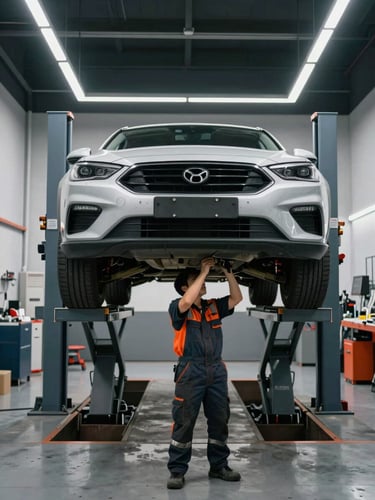 Straight-on eye-level view of a clean modern auto workshop bay with LED lighting, a car raised on a lift, a mechanic focused on inspecting the undercarriage, safety orange accents visible.