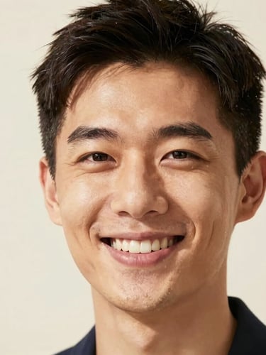 A close-up, warm-toned friendly headshot of Alex Chen, a growth marketer with a welcoming smile, shot in natural bright daylight with a soft cream background.