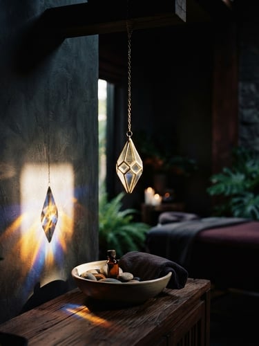 Dark luxury editorial photography of a modern wellness sanctuary in Chiang Mai, a soft golden light beam refracting through a glass prism, shallow depth of field, 35mm.