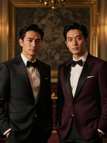 Low-key portrait of two refined gentlemen in a dimly lit, high-end sanctuary room, warm golden ambient glow, premium graphite background, elegant and respectful atmosphere.