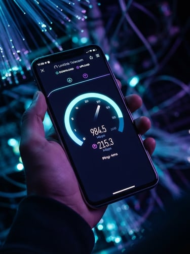 Smartphone with Unilink Telecom app interface on screen, glowing neon blue and purple accents, high-speed fiber optic background, dark mode aesthetic, shallow depth of field, screen displaying a speed test result.