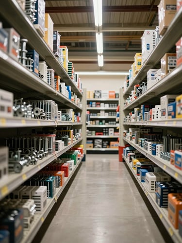 Wide interior aisle of a hardware store shot from a low angle, organized shelves packed with fasteners and fittings extending into depth, overhead warehouse fluorescent light casting honest shadows, no staging, full shelves visible in both directions