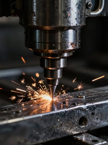 Macro close-up of a multi-axis CNC milling head cutting raw steel with precision coolant spray, dramatic low-key workshop lighting, amber sparks, sharp metallic textures