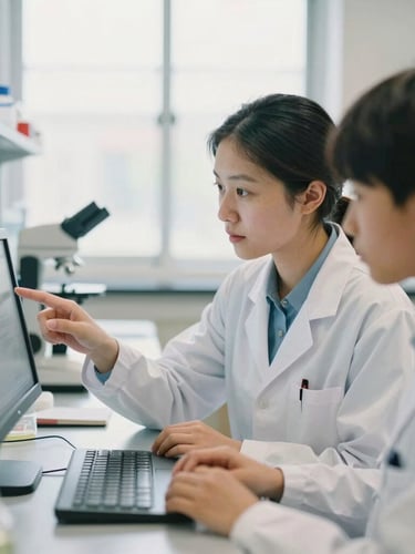 An environmental portrait of a female researcher in a bright STEM laboratory, guiding a student through a digital interface, soft natural daylight, shallow depth of field, warm editorial tones
