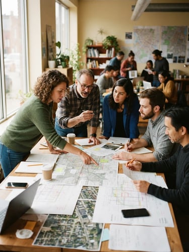 A candid medium-wide shot of local community planners collaborating around a large table with maps and architectural blueprints, warm interior window light, 35mm lens, documentary style