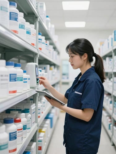 Organized pharmaceutical warehouse with strict temperature controls, professional logistics worker checking inventory, bright clinical daylight, crisp focus