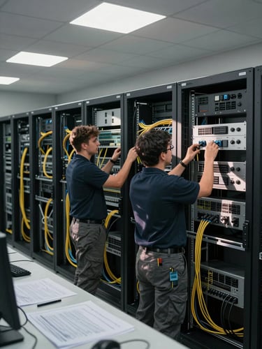 Wide environmental shot inside a network headend room, two technicians installing active network electronics into open equipment racks during commissioning phase, overhead fluorescent task lighting casting sharp shadows on cable management panels, patch cables partially routed, project blueprints visible on a side table in the foreground