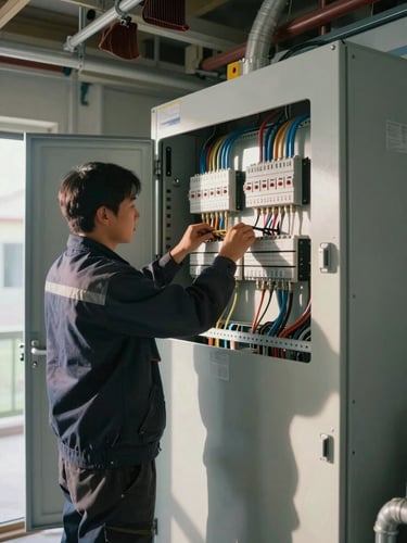 Wide environmental shot from inside an electrical room during active installation: a technician in work gear tightening connections on a industrial power distribution board, multiple cable trays visible, task lighting casting sharp shadows on the cabinet face, conduit runs disappearing into the ceiling—natural site daylight filtering through a door at left edge