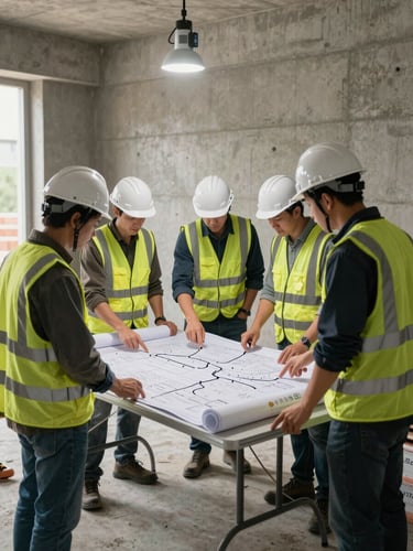 Wide environmental shot from the left edge: a specialized field crew gathered around unrolled site blueprints on a folding table at a construction site, task lighting from a portable lamp overhead, crew members pointing at specific route segments, hard hats and safety vests, natural concrete walls in background—no studio, no staging