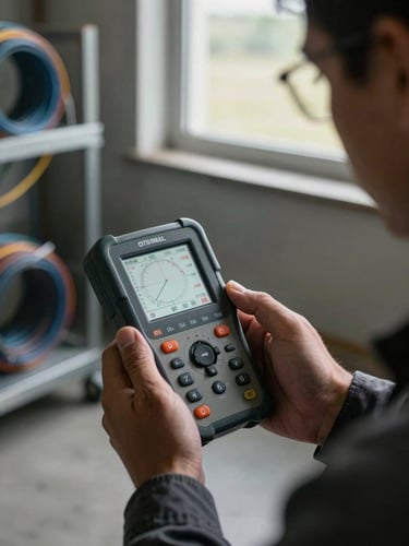 Tight technical close-up framed from the right edge: a field technician holding a homologated OTDR reflectometer unit, reading measurement values on the display screen, natural daylight entering from a site window behind, fiber cable coils visible on a nearby rack—no studio flash, concrete floor visible below