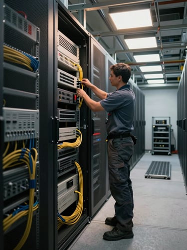 Wide environmental shot inside a data center room mid-installation: a technician in work gear securing cable management arms on a tall equipment rack under warm task lighting, patch panels and cable runs visible in the foreground, concrete floor with cable trays in the background—no studio lighting, natural task-light from overhead site lamps