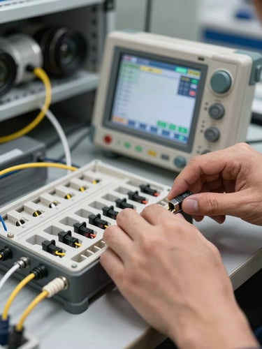 Close-up tight shot of a technician's hands operating an OTDR reflectometer on a fiber splice tray, measurement readings visible on the device screen, task lighting from the work environment, cable management and connectors in sharp foreground detail, equipment rack visible out of focus in the background