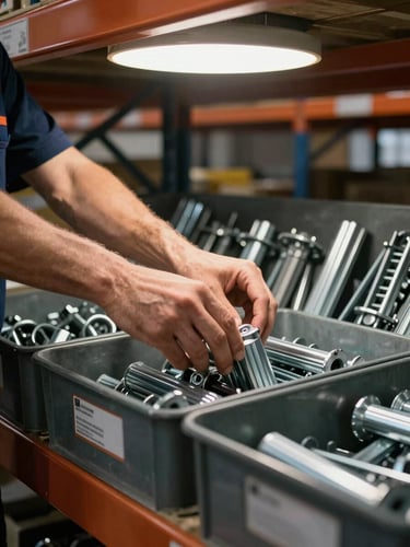 Contractor's hands reaching into a well-organized warehouse bin of steel hardware, tungsten overhead light, industrial shelving in background, focus on hands and labeled bin