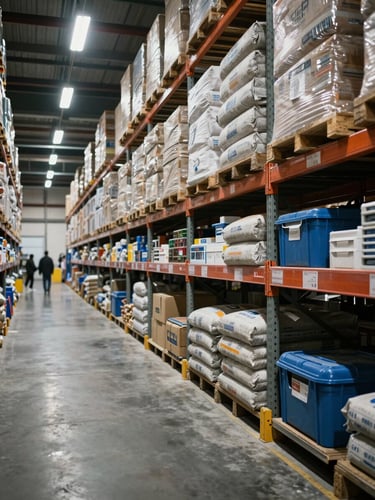 Wide eye-level shot down a stocked warehouse aisle, heavy steel shelving loaded with cement bags and hardware bins to the right third, tungsten overhead lighting casting deep shadows on concrete floor, industrial scale and density prominent