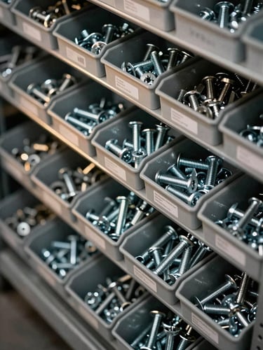 Close-up overhead shot of hardware supply bins organized in a steel shelving unit, bolts, anchors, and fasteners sorted by size in labeled compartments, hard tungsten light raking across metal surfaces, deep industrial shadow between rows
