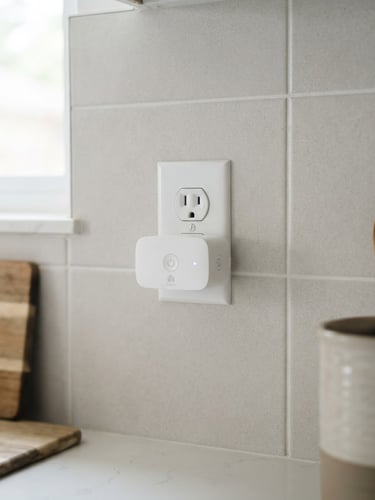 A modern smart plug plugged into a clean kitchen wall outlet, soft natural daylight, minimalist home interior, sharp focus