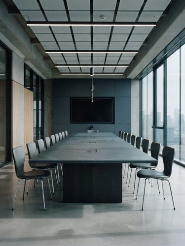 Wide shot of a modern, empty boardroom with sharp architectural lines, cool diffused daylight, desaturated blue and slate tones, sharp focus, 35mm.