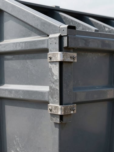 Close-up of a reinforced steel hinge on a clean charcoal gray roll-off dumpster, sharp industrial photography, bright morning daylight, high contrast desaturated tones