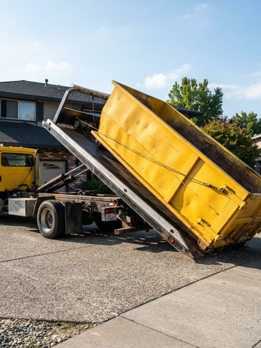 Low-angle heroic shot of a clean, heavy-duty safety-yellow steel roll-off dumpster being unloaded from a flatbed truck on a residential driveway, bright morning daylight, high contrast desaturated tones, sharp industrial photography