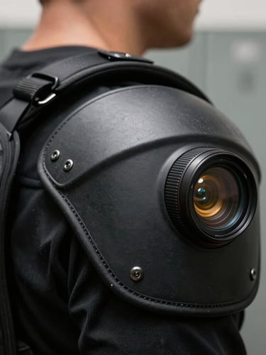 Extreme close-up of a rugged matte-black shoulder pad arch, showing a flush-integrated camera lens glowing with a faint amber ring under harsh locker room neon.