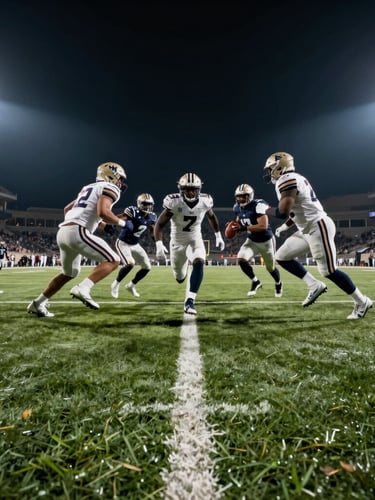 Wide-angle first-person POV from the turf level, oncoming defensive linemen rushing through the A-gap under harsh stadium floodlights, high contrast, motion blur on edges.