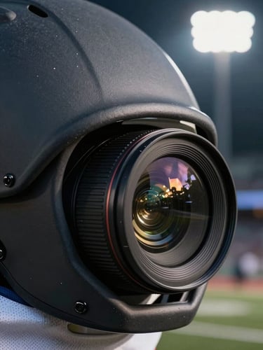 Extreme close-up of a flush-integrated camera lens embedded into a matte charcoal football shoulder pad arch, harsh stadium floodlight reflecting off the glass, deep shadows.