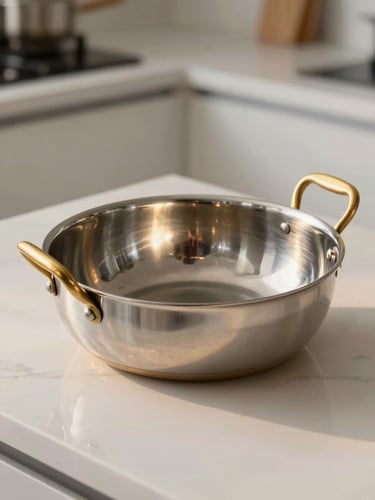 Gleaming triply stainless steel kadai with elegant brass handles, warm golden-hour side light reflecting off the polished surface, shallow depth of field