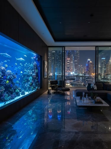 Wide environmental interior photograph of a massive custom-built luxury aquarium integrated into a minimalist Dubai Marina penthouse wall, sharp architectural lines, dramatic blue water lighting, marble floors, 35mm.