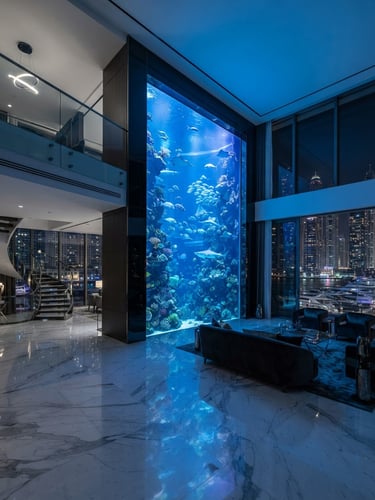 Wide-angle architectural photograph of a massive, minimalist custom aquarium integrated into a double-height luxury penthouse wall in Dubai Marina, dramatic interior lighting, soft blue reflections on polished marble floors