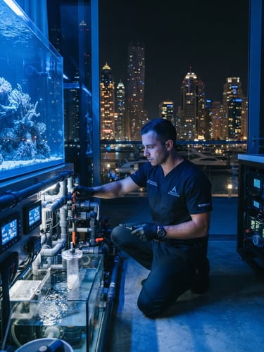 A professional marine technician in a minimalist dark uniform adjusting a high-tech filtration system inside a luxury Dubai Marina penthouse, dramatic aquarium lighting casting soft blue reflections on polished concrete, 35mm.
