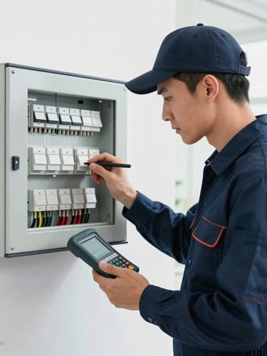 A clean-cut local electrician in a neat navy uniform examining a modern residential switchboard with diagnostic tools under bright daylight.