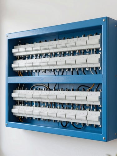 Wide shot of a neat, newly installed modern electrical switchboard with clean wiring in a bright Caringbah home, crisp commercial photography.