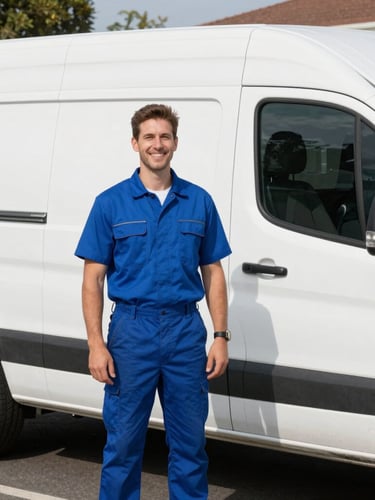 A professional electrician smiling warmly next to a clean white service van parked in a sunny Caringbah suburban street.