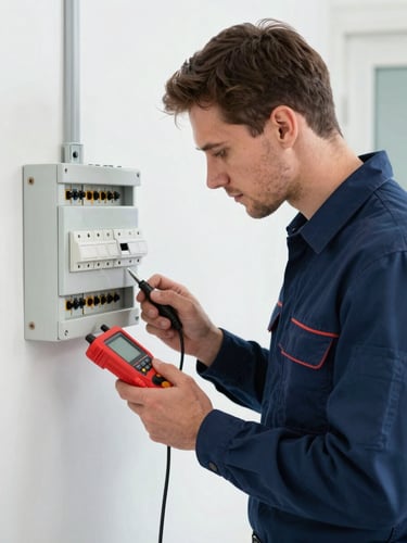Medium close-up of a licensed local electrician in a clean navy uniform inspecting a residential switchboard with diagnostic tools, bright daylight, sharp focus.
