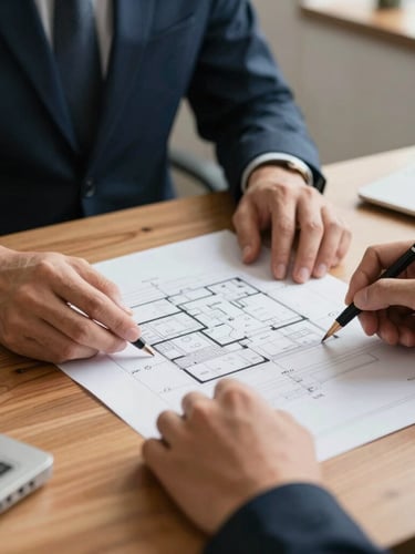 Close-up of professional hands reviewing blue architectural technical drawings on a warm wooden table, soft natural office light, corporate editorial, sharp focus
