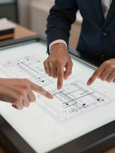 Close-up of hands pointing at technical engineering drawings on a light table, sharp focus, professional office environment