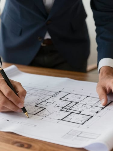 Close-up of hands of architects reviewing architectural blueprints on a wooden table in a well-lit office in Lima, warm corporate editorial photography, sharp focus, 35mm